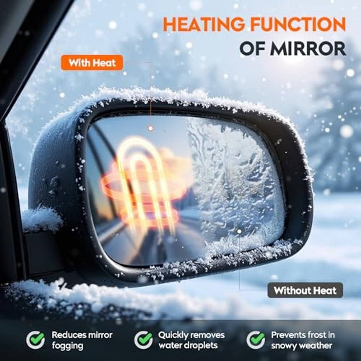 Heated side mirror glass with de-icing glow over frosted window surface