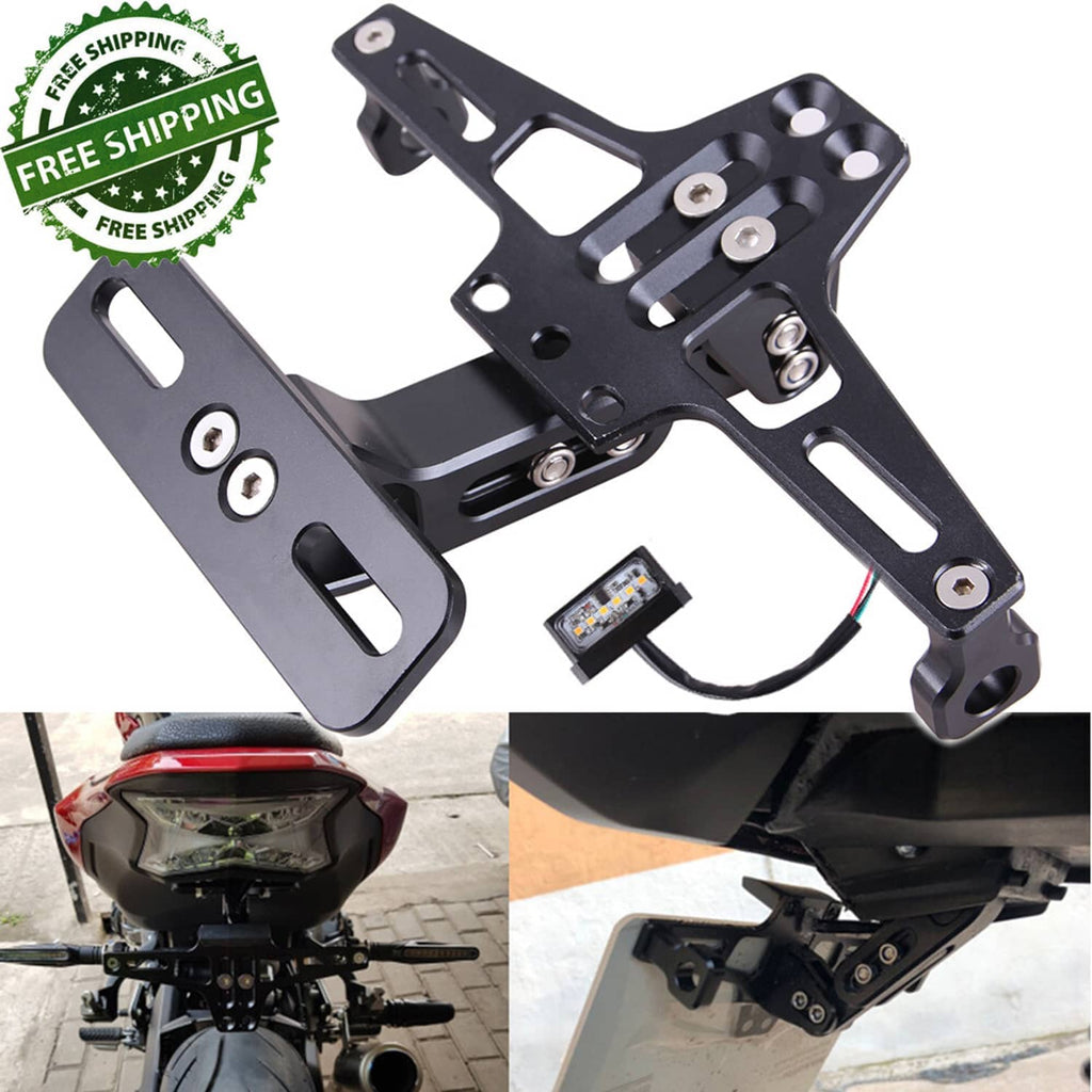 Black bracket with integrated LED license plate light and mounting hardware