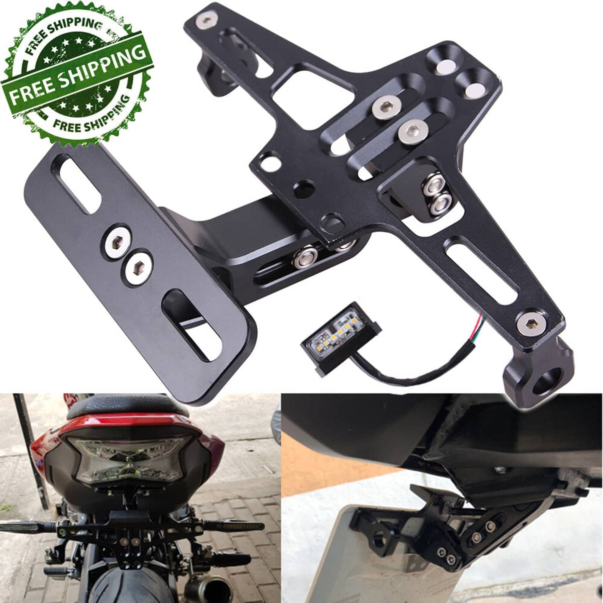 Black bracket with integrated LED license plate light and mounting hardware