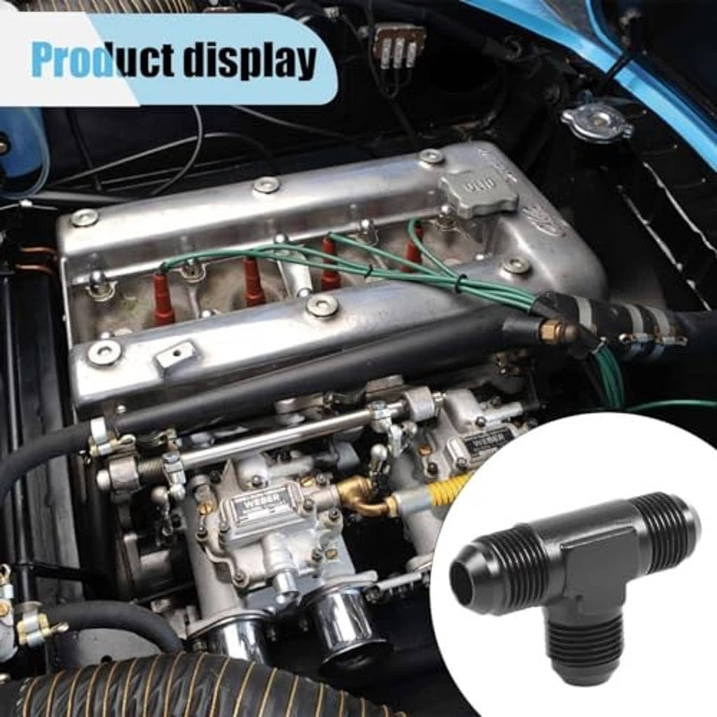 Black T fuel hose union fitting on an engine bay, inset shows 10AN threads