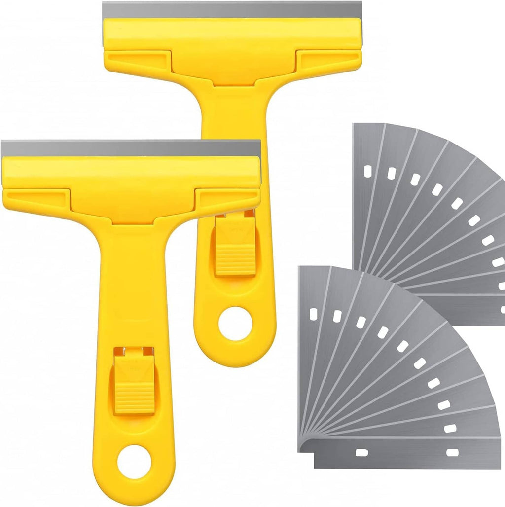 Yellow window razor scraper with blade holder and included gray fan-shaped blades