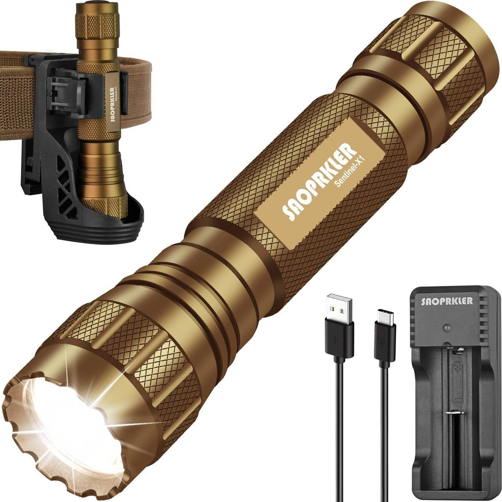 Bronze tactical flashlight with knurled grip, bright bezel head, and belt mount