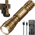 Bronze tactical flashlight with knurled grip, bright bezel head, and belt mount