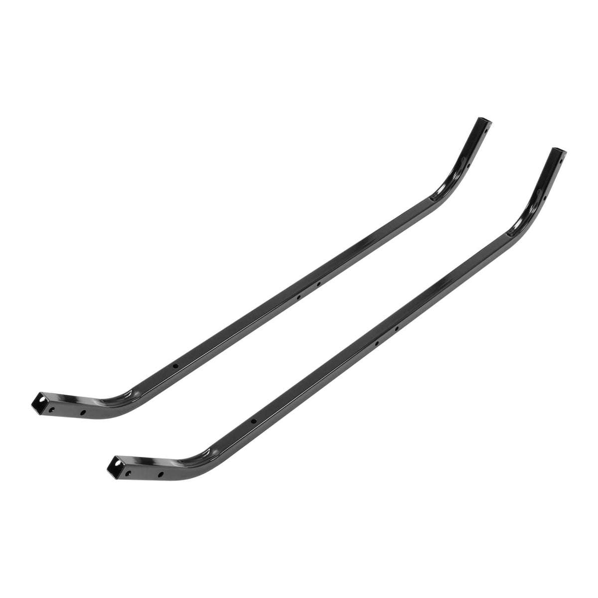 Black steel roof support struts, two curved bars with end brackets and holes