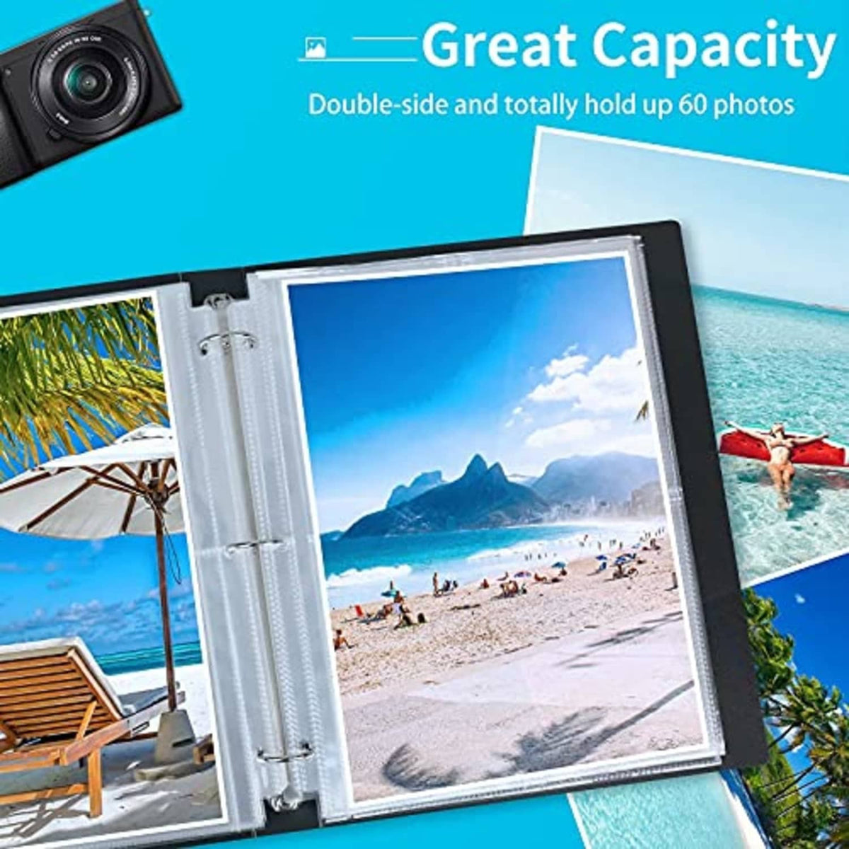 Clear photo sleeves in a ring binder holding 8x10 photos, double-sided display