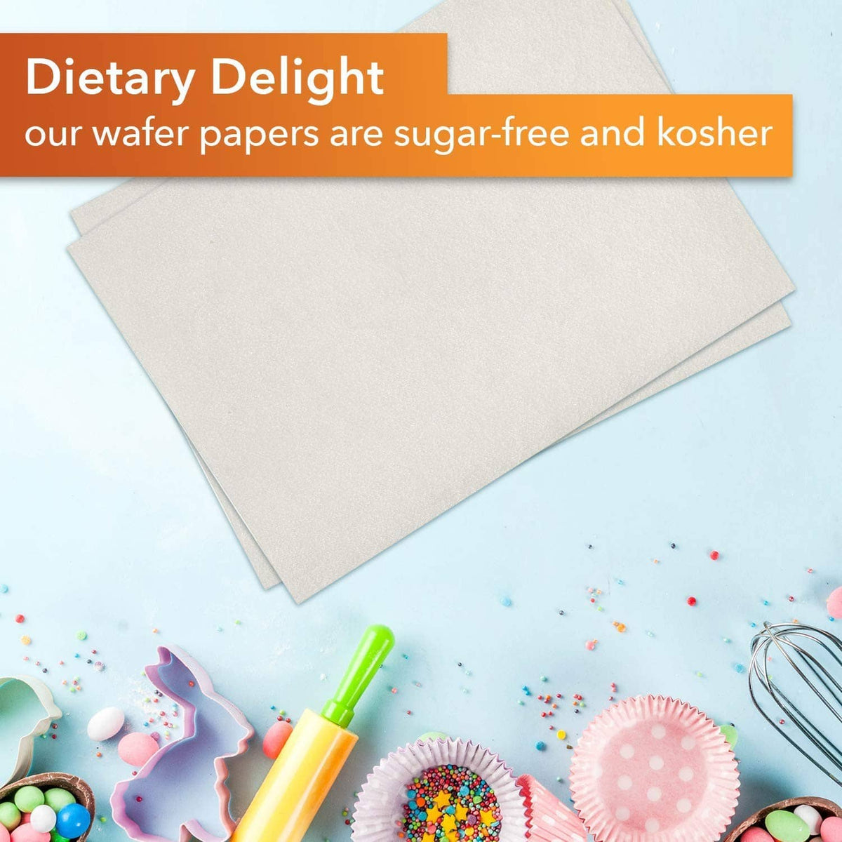 Beige rectangular edible wafer paper sheets, stacked
