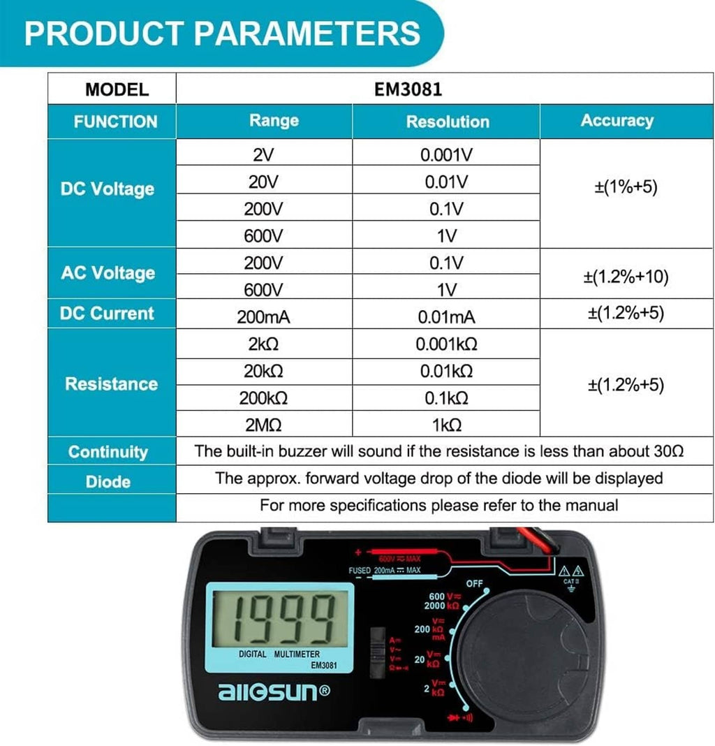 Handheld digital multimeter with blue LCD reading 199.9 and large range selector dial