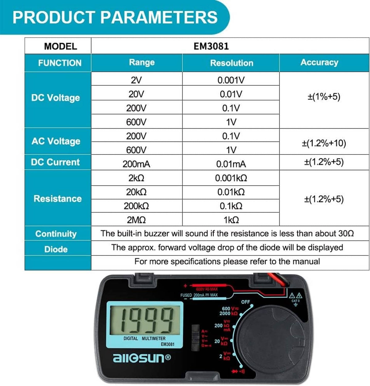 Handheld digital multimeter with blue LCD reading 199.9 and large range selector dial