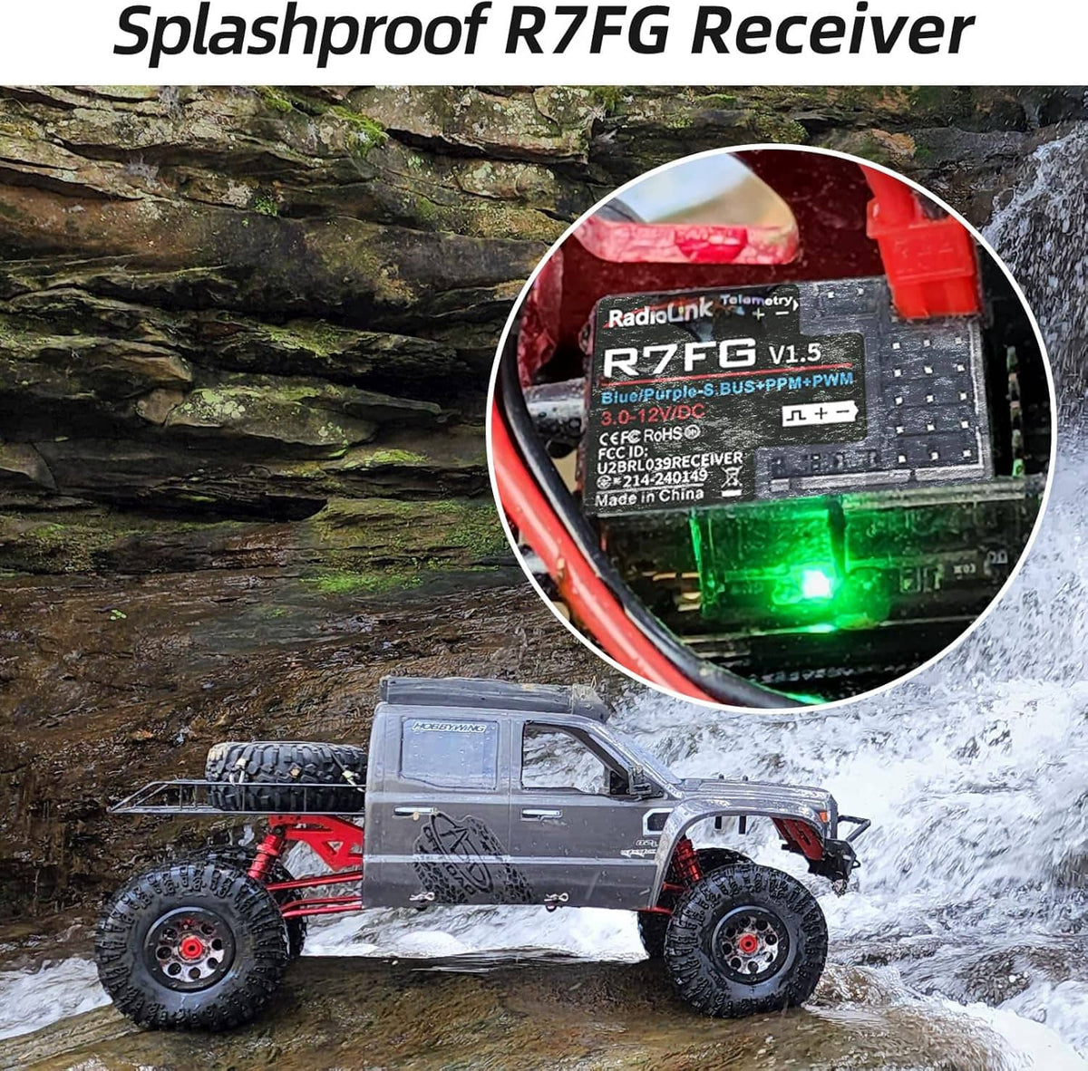 Waterproof R7FG receiver module with LED glow and cable connectors on an RC vehicle