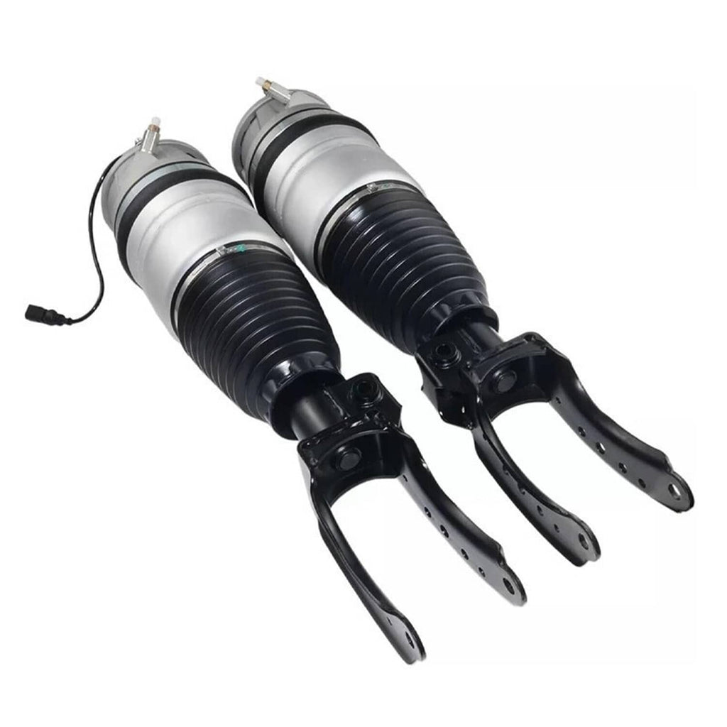 Front left and right air suspension struts with silver air springs and black suspension arms