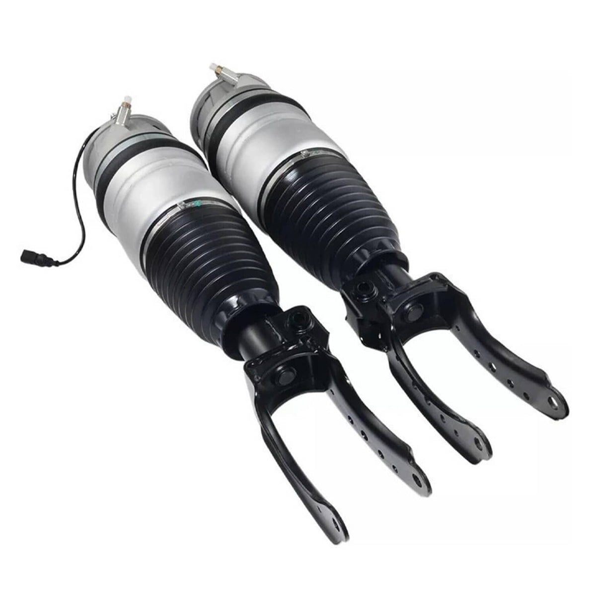 Front left and right air suspension struts with silver air springs and black suspension arms