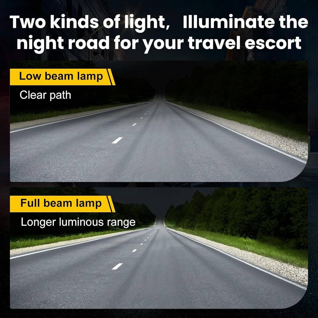 LED headlight beam comparison for low and full beam road illumination
