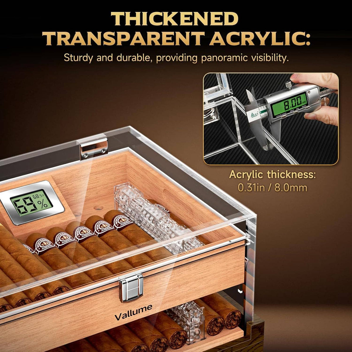 Thick clear acrylic cigar humidor lid with digital hygrometer and cedar interior tray