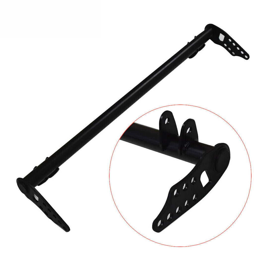 Black tie bar with perforated mounting brackets and close-up bracket inset
