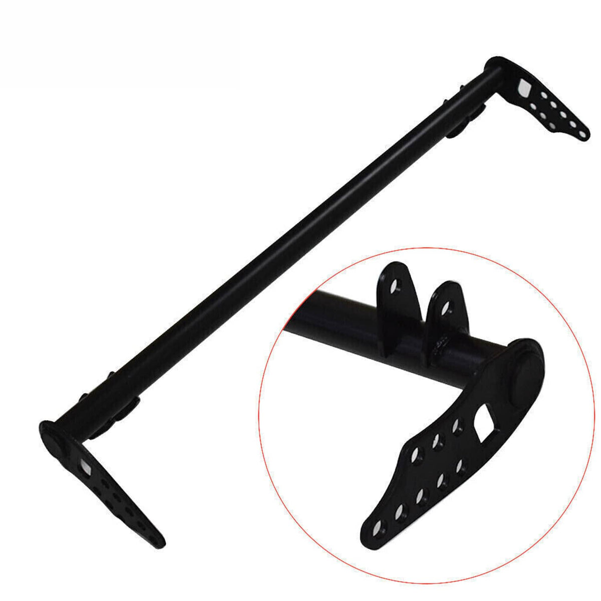Black tie bar with perforated mounting brackets and close-up bracket inset