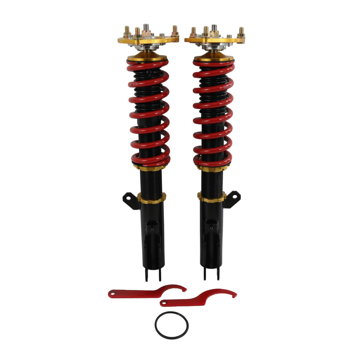 Pair of coilover struts with red springs, black dampers, and gold upper spring seats