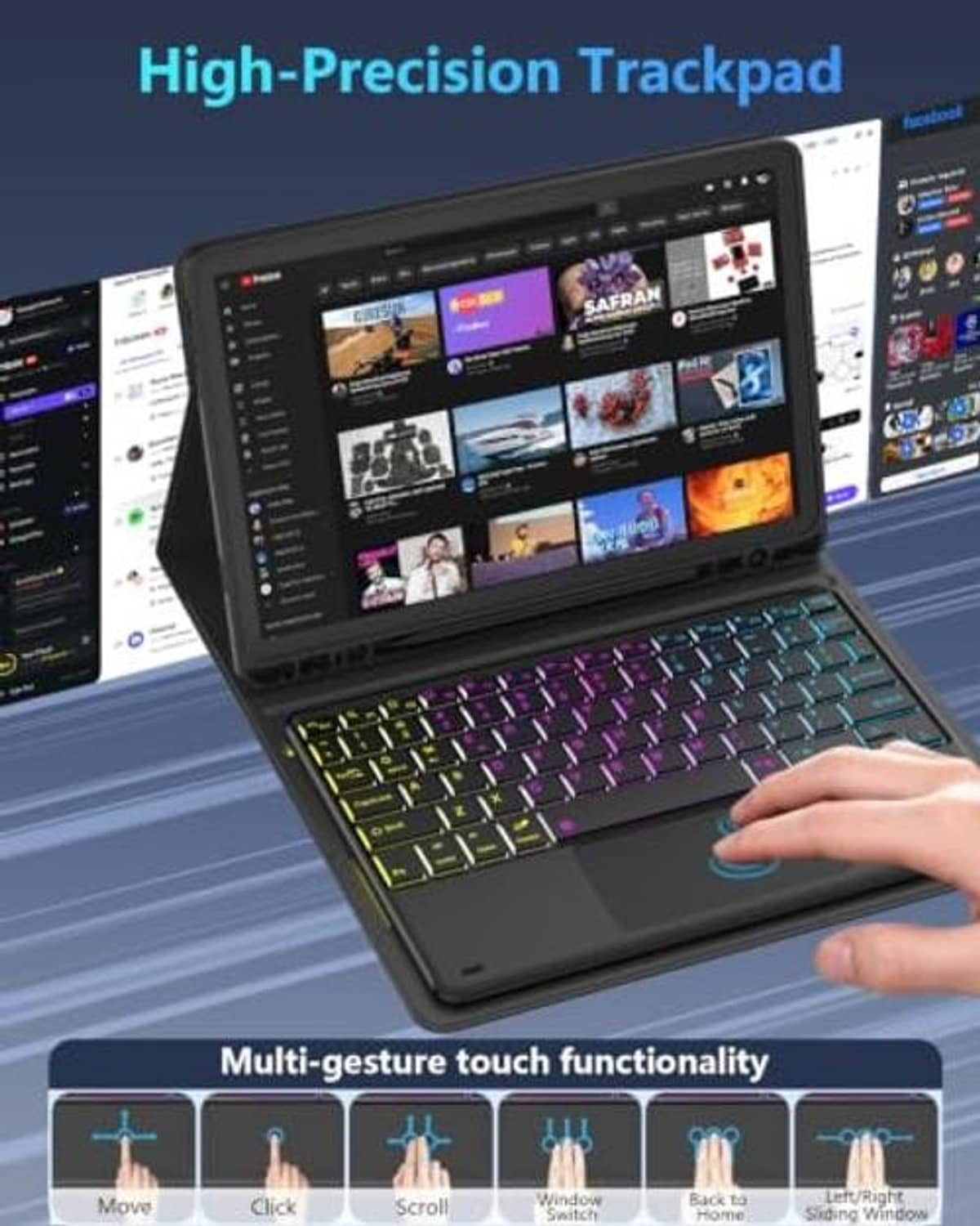 Black keyboard case with high-precision trackpad and rainbow backlit keys, tablet in stand