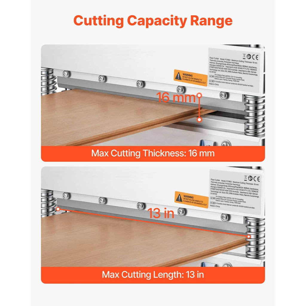 Vinyl floor cutter showing max thickness and cutting length capacity details