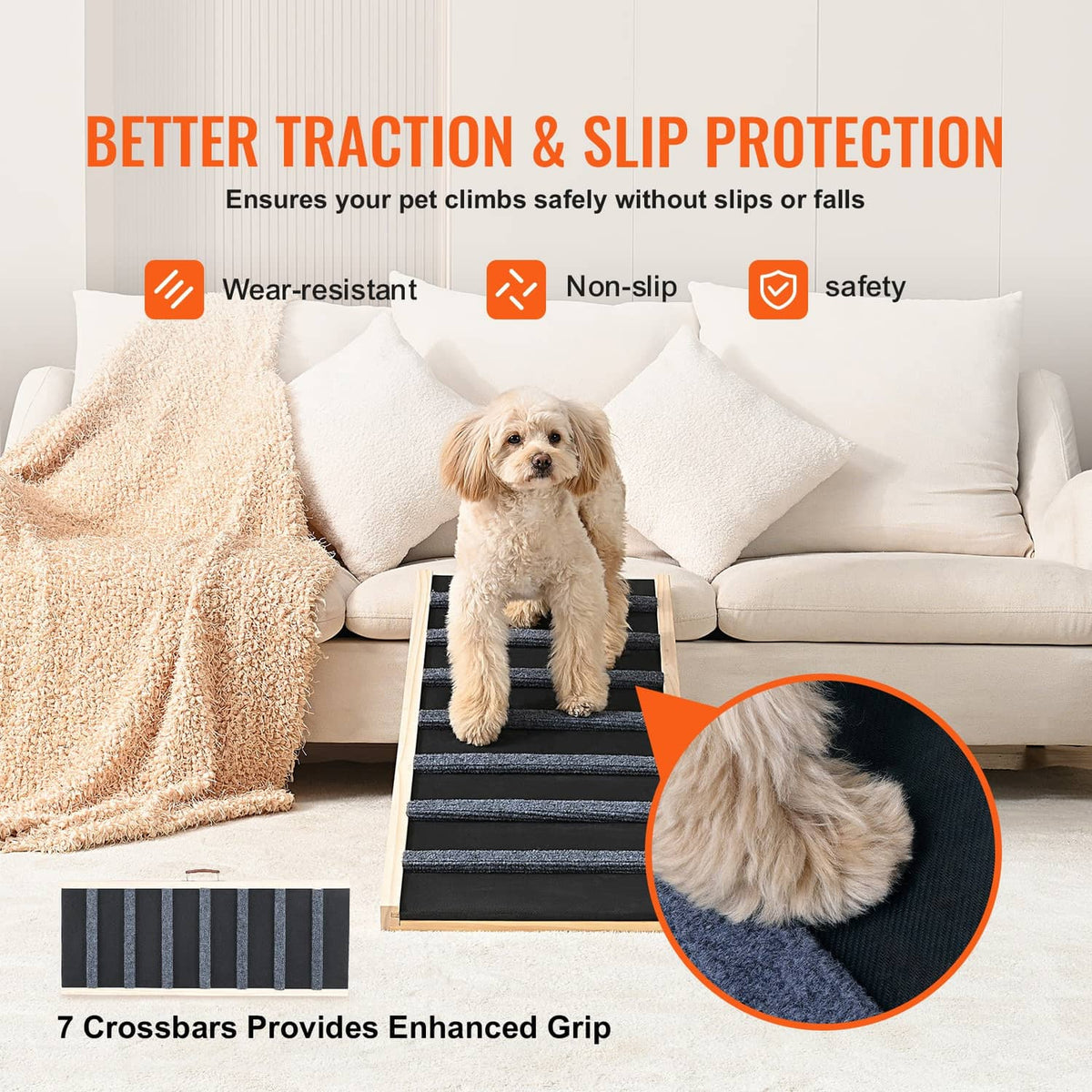 Pet ramp with dark non-slip step pads and light wood frame, grip detail with dog