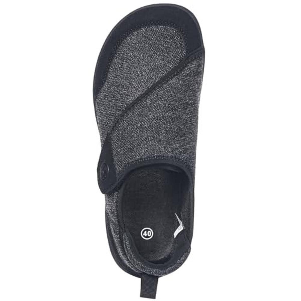 Men’s slip-on slippers showing heel and sole, dark knit upper with hook-and-loop tab