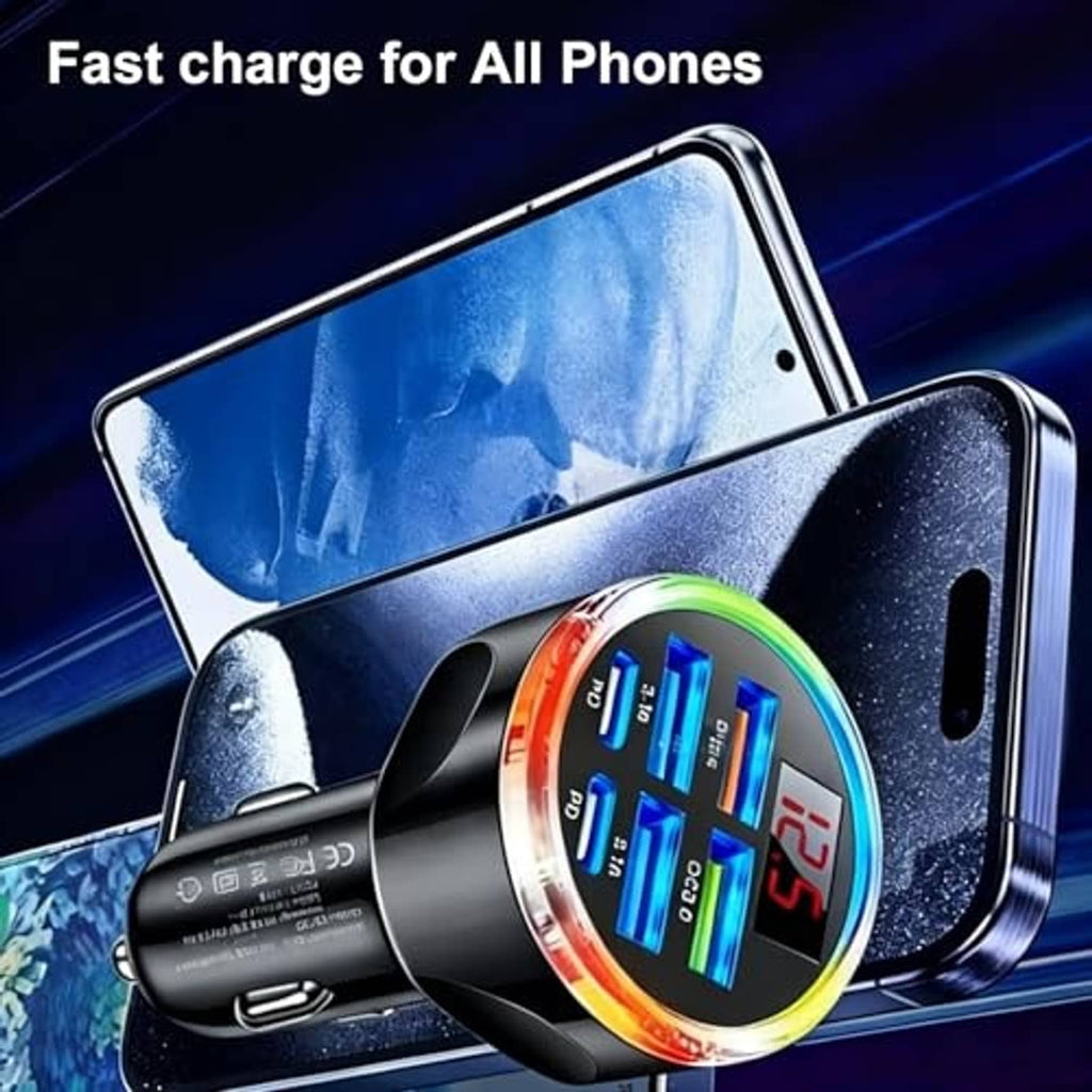 Black 6-in-1 car charger adapter with glowing voltage screen and USB-C ports