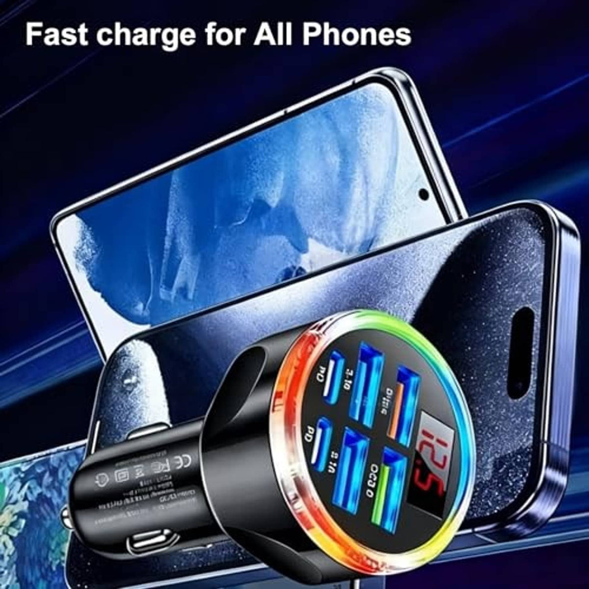 Black 6-in-1 car charger adapter with glowing voltage screen and USB-C ports