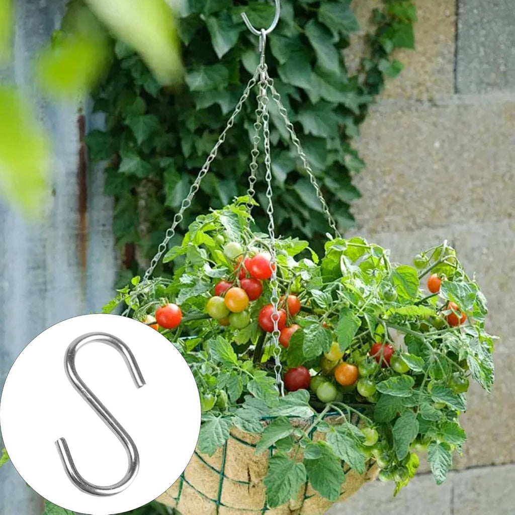 Stainless steel S hook suspending a plant basket from a chain