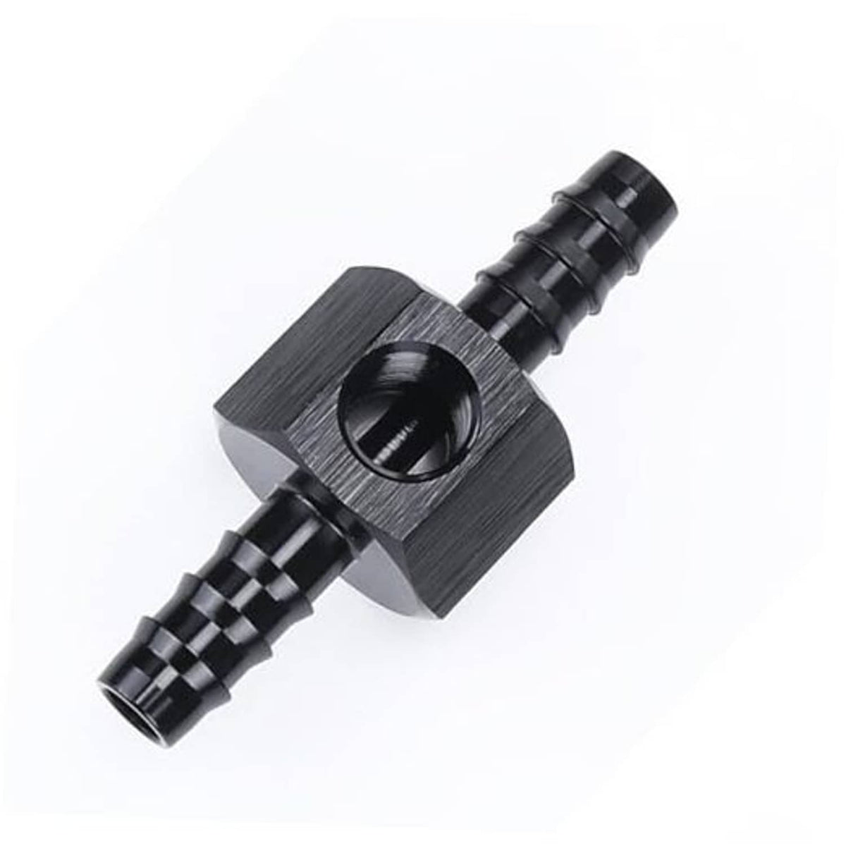 Black metal barb-to-NPT sensor gauge adapter fitting, with knurled grip detail