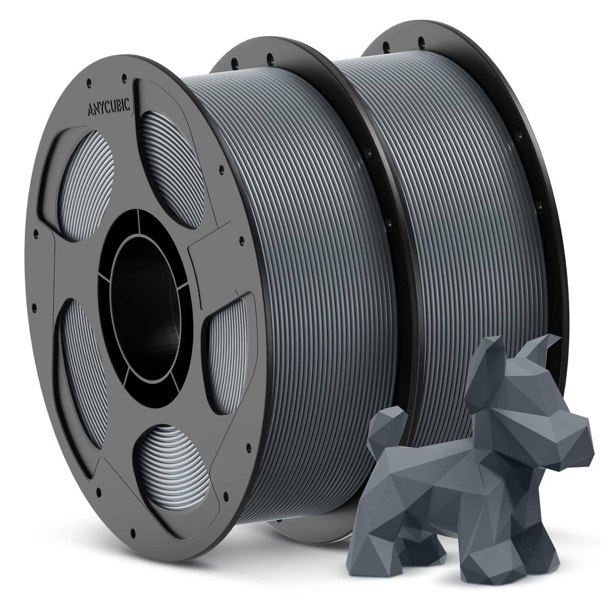 Grey PLA filament on two stacked spools with ribbed filament texture, 1.75 mm