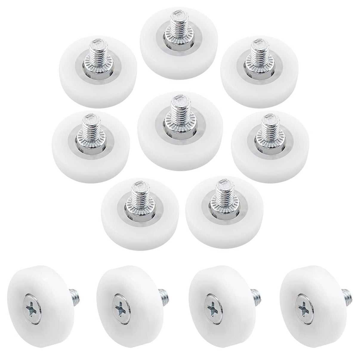 White drawer slide roller wheels with metal threaded screws, set of 10–12 pieces