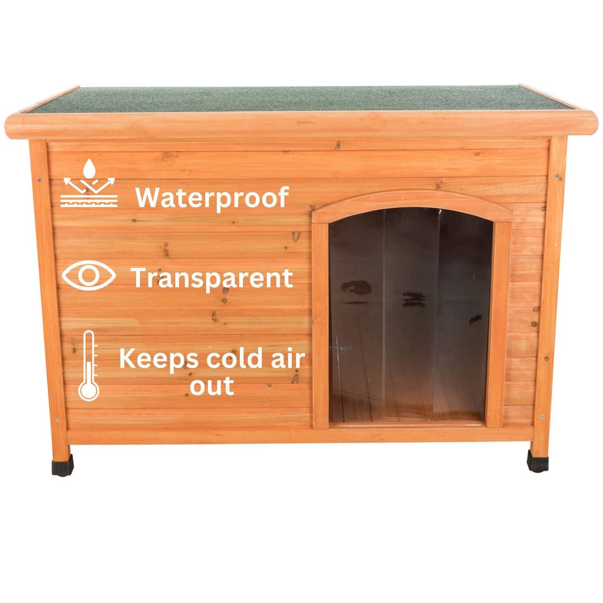 Transparent vinyl dog door flap for a wooden dog house with arched entrance and side curtains