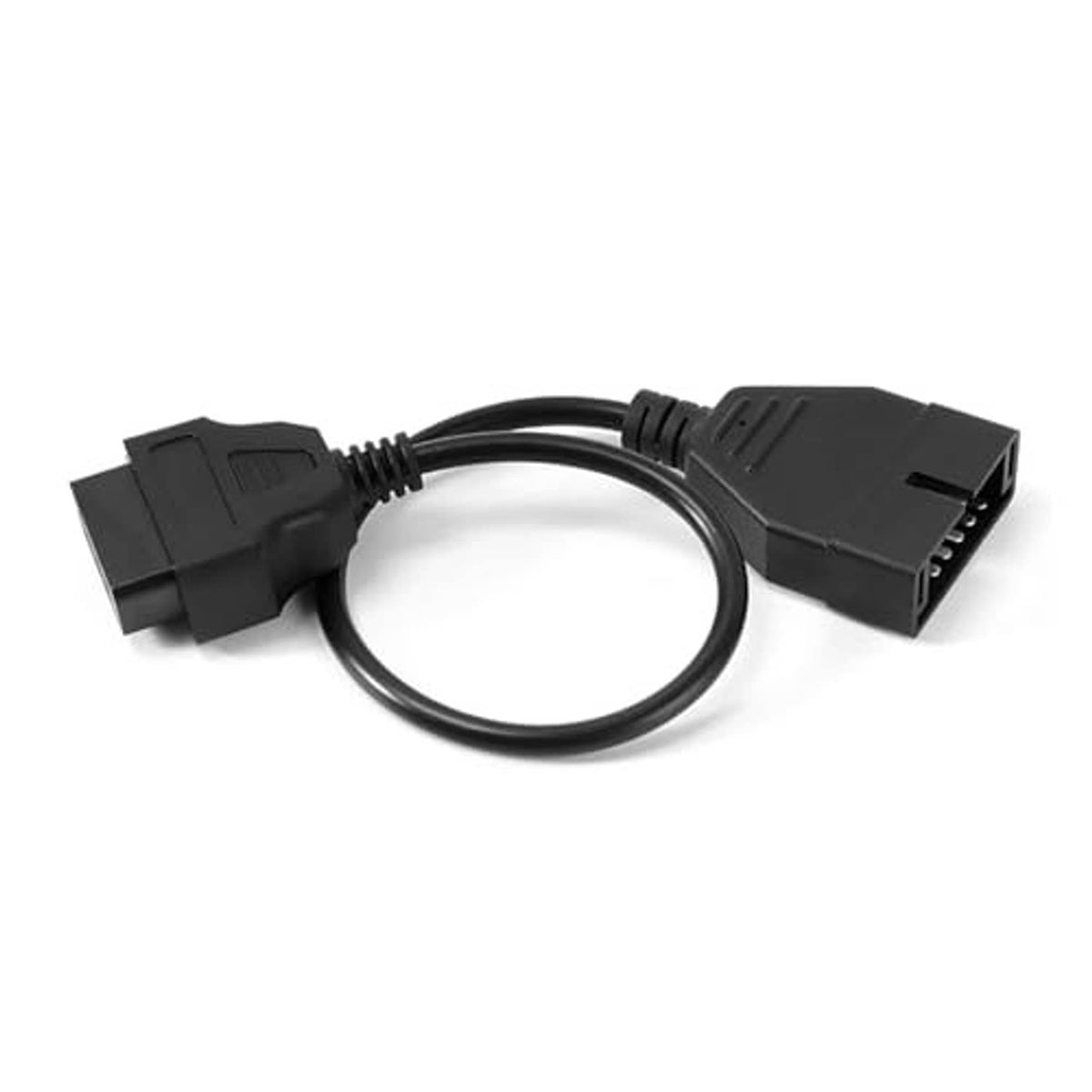 OBD diagnostic extension cable, black 12-pin to 16-pin connectors on curved cord