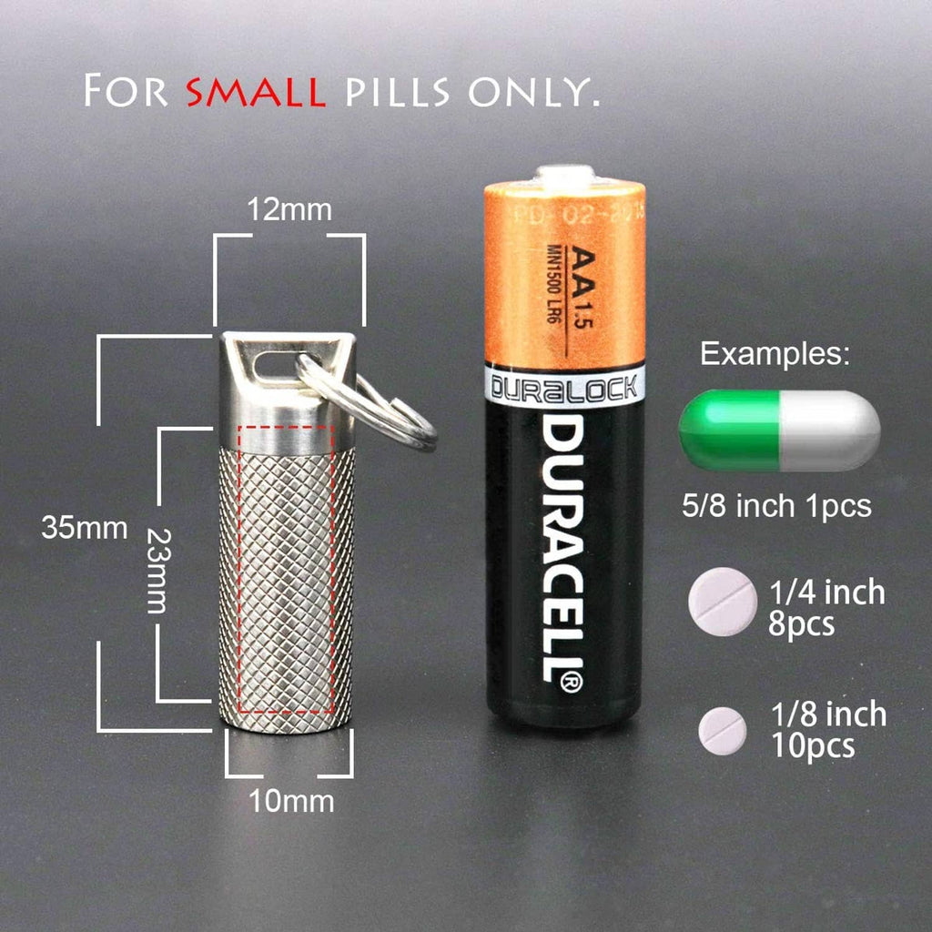 Mini titanium pill fob with textured cylinder and keyring, shown with size diagram