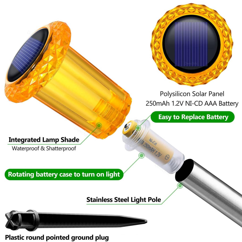 Solar lantern light components: amber lamp head, solar panel cap, battery tube, steel pole