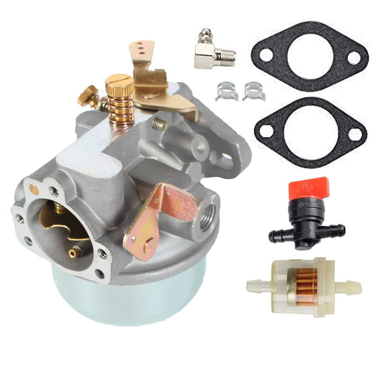 Carburetor assembly with metal body, brass screws, and mounting gaskets