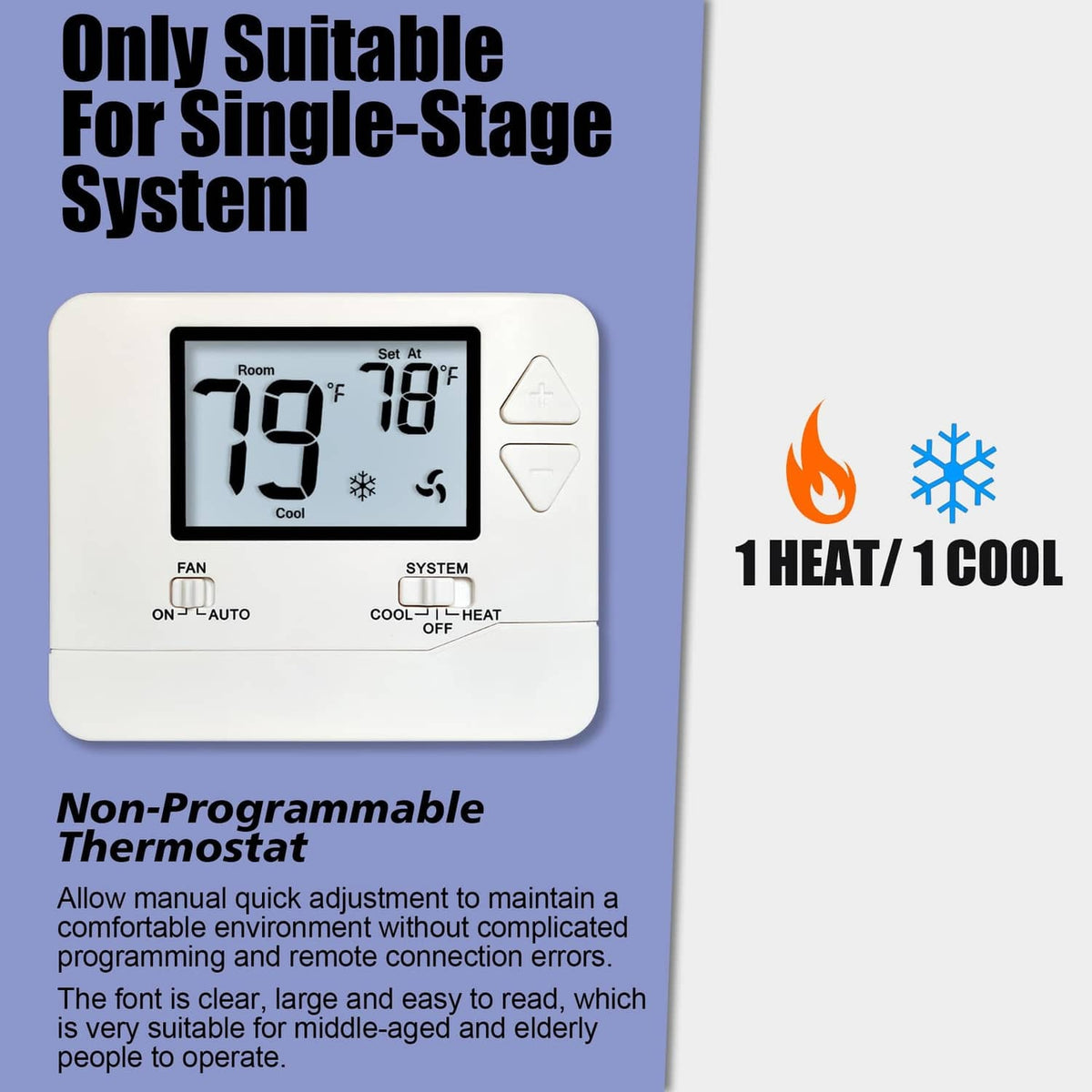 Heagstat H701 non-programmable thermostat with LCD display and white backlit screen