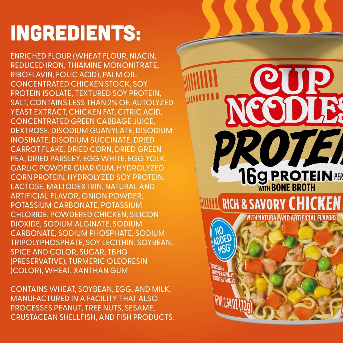Nissin Cup Noodles Protein ramen cup with ingredients list and chicken flavor label