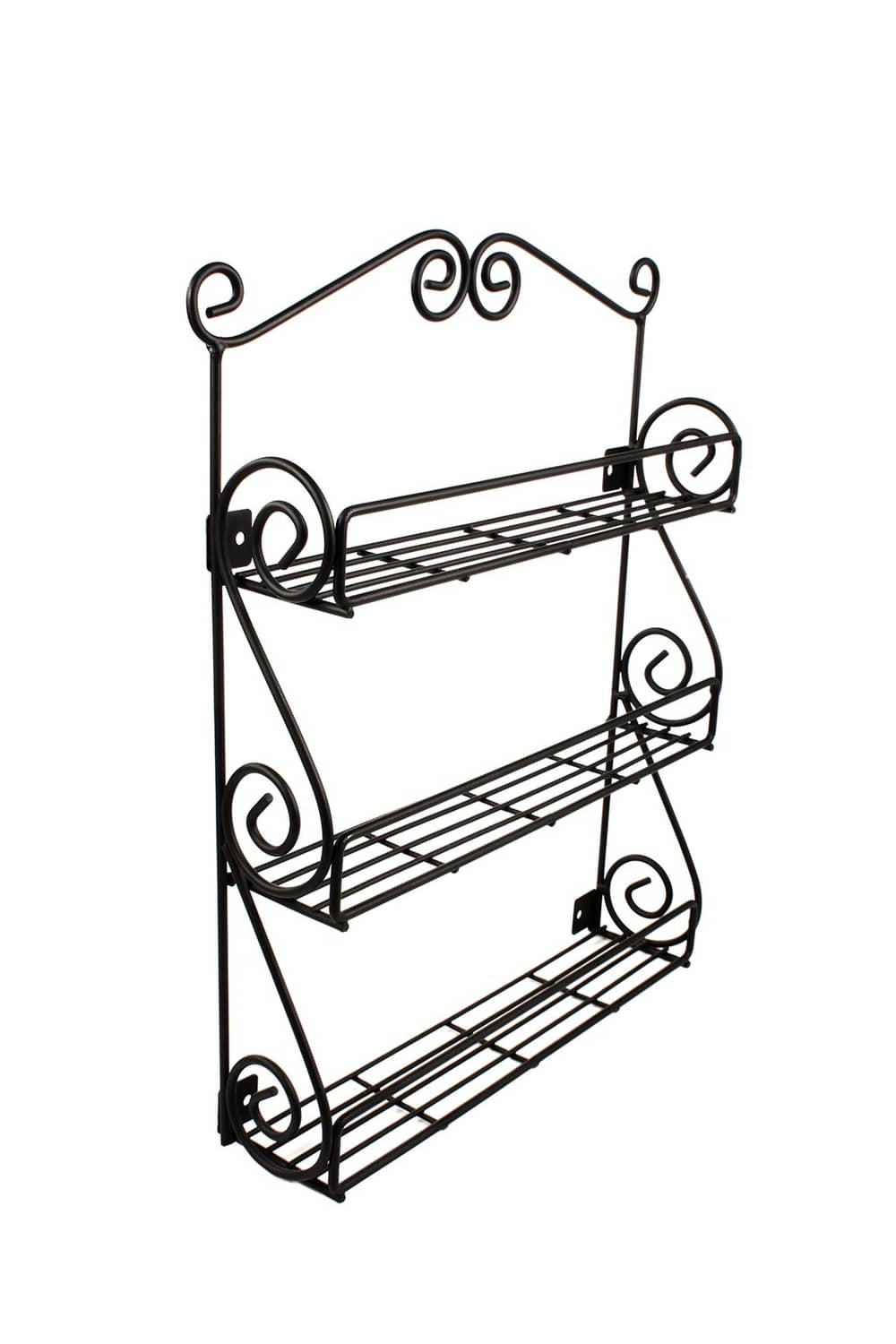 Black scroll wall-mounted spice rack with three wire shelves, angled view.