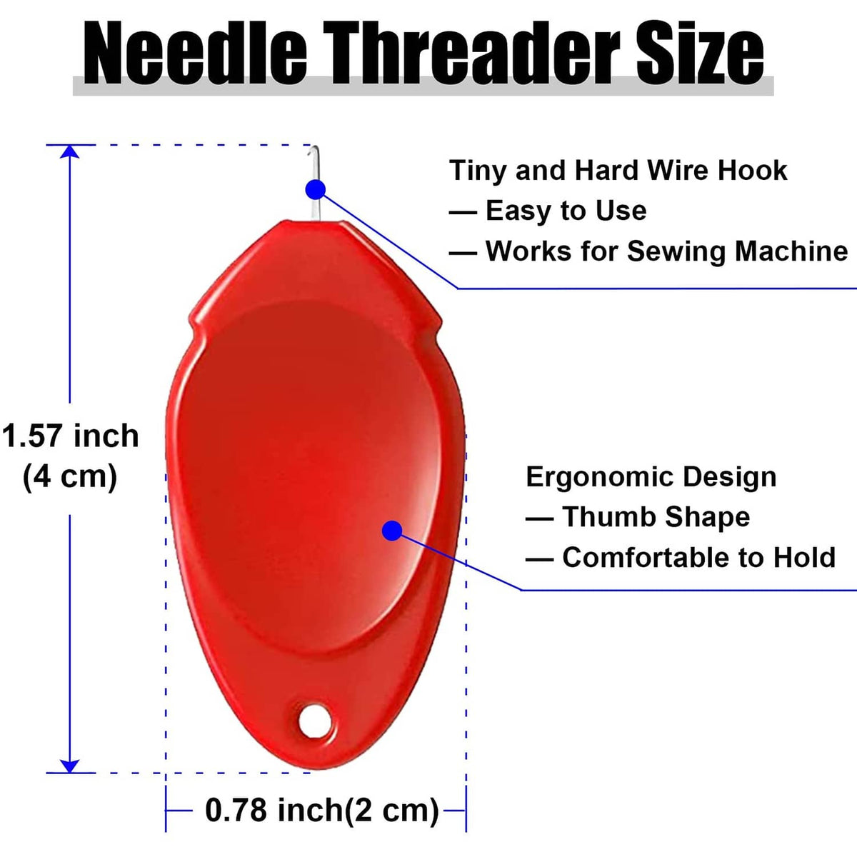 Red needle threader size, oval thumb-shaped hook tool with length and width labels
