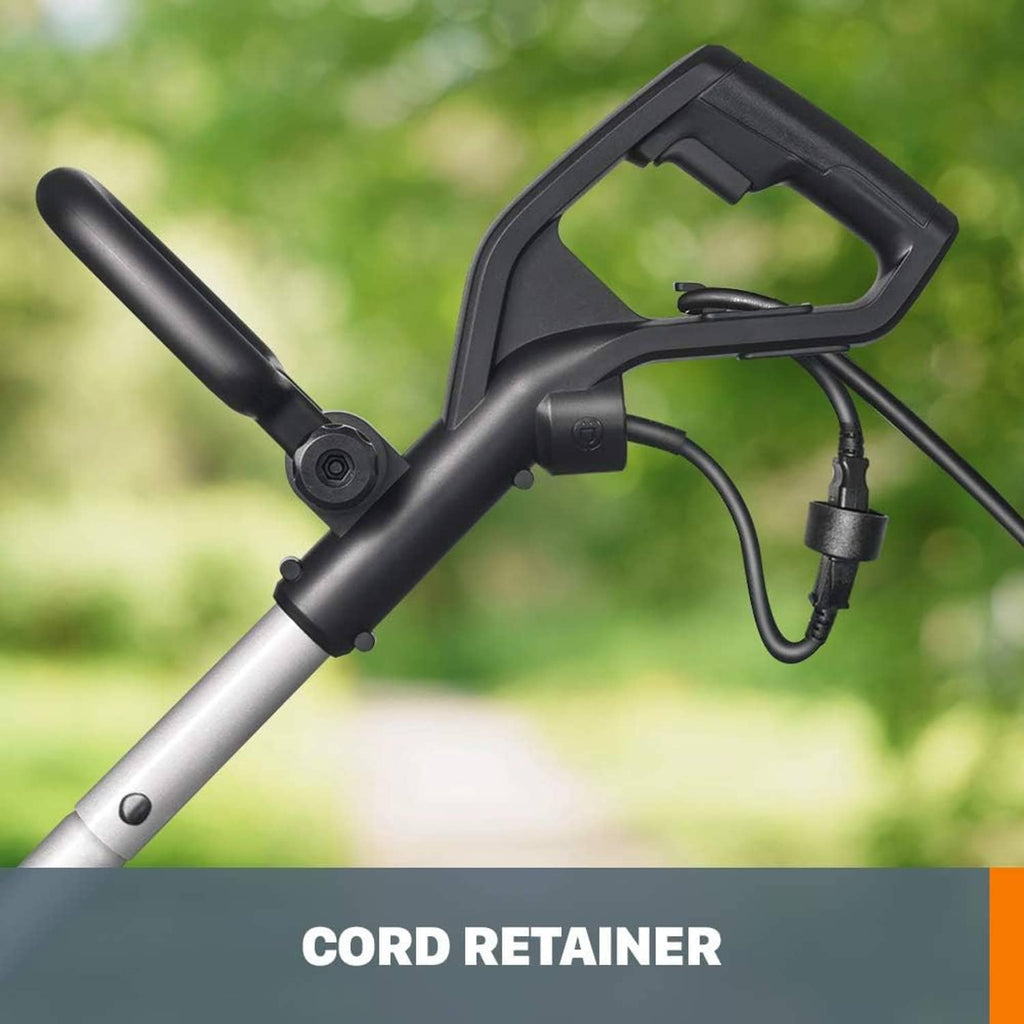 Black corded edger handle with cord retainer on silver shaft and guard