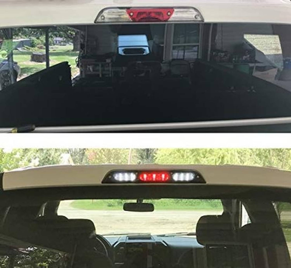 Smoked-lens LED high mount third brake light installed on vehicle roof, red LEDs on