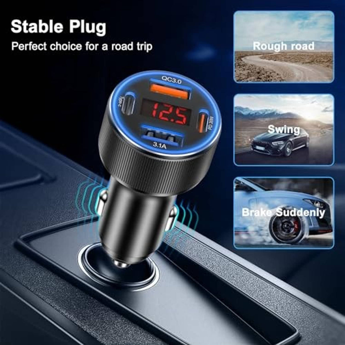Black USB-C car charger with blue LED ring and digital 12.5V, standing in cup holder.