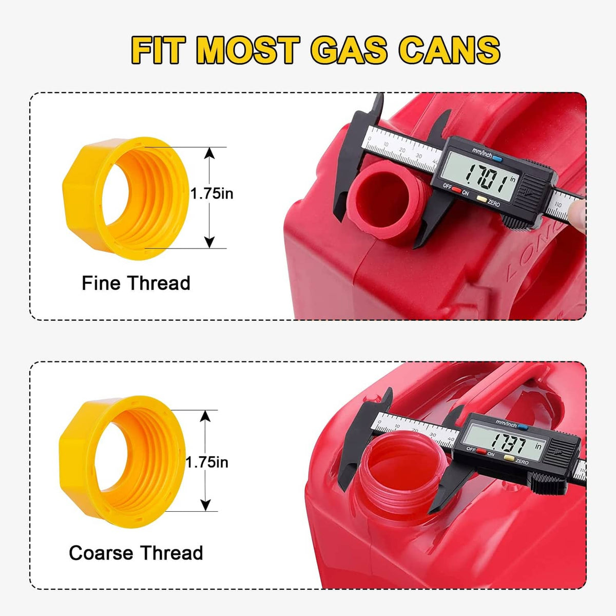 Yellow screw spout nozzle showing fine and coarse thread ends for gas cans