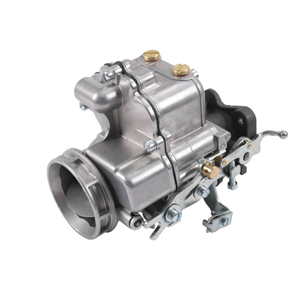 2-barrel carburetor with large air intake opening and black linkage bracket