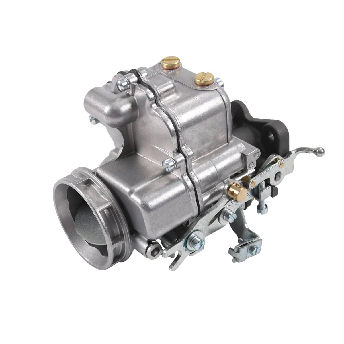 2-barrel carburetor with large air intake opening and black linkage bracket