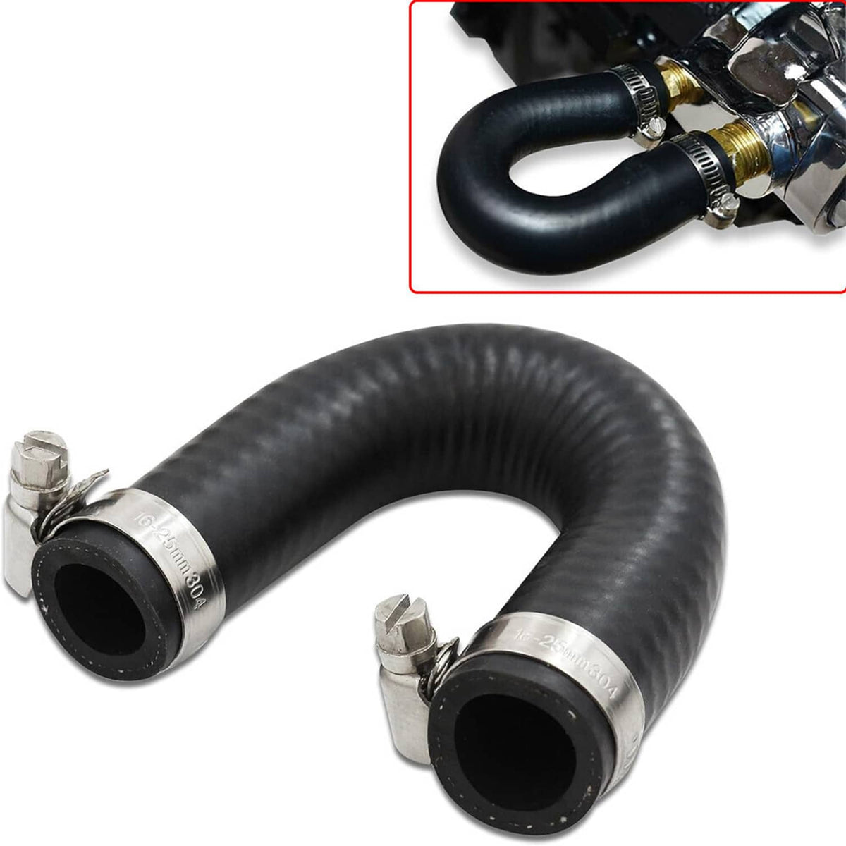 Black coolant bypass hose crossover with two clamps and exposed connection ends