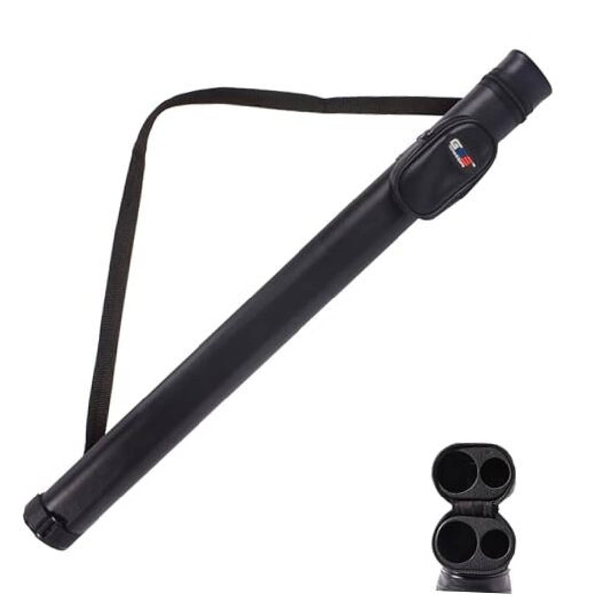 Black billiard cue case with adjustable shoulder strap and two-slot end holder