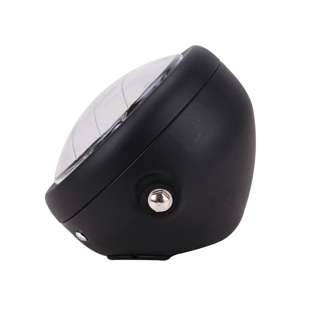 Black round 6.5-inch motorcycle LED headlight side view with mounting bolts