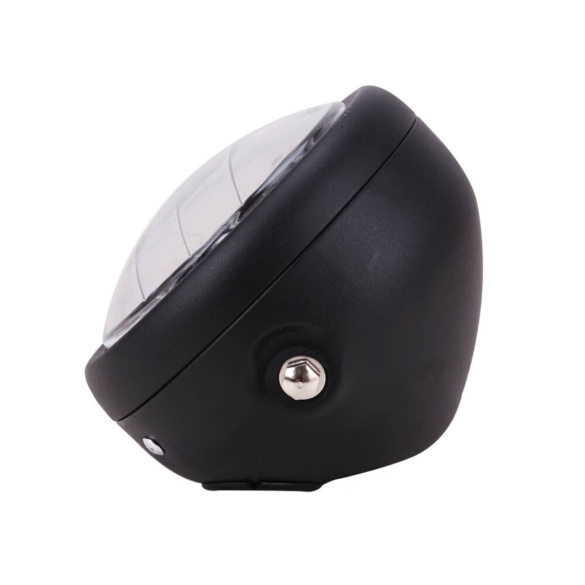 Black round 6.5-inch motorcycle LED headlight side view with mounting bolts