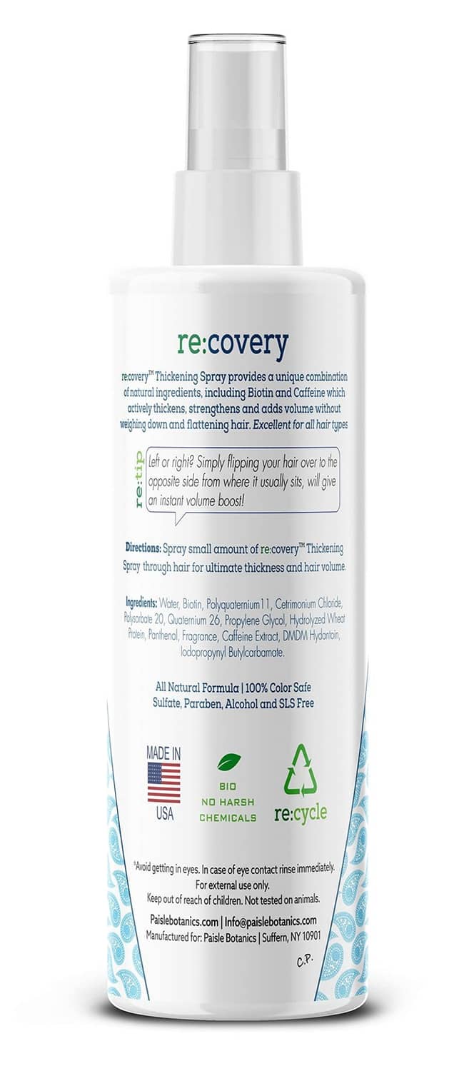 Biotin hair thickening spray bottle back label with ingredient and recycle info
